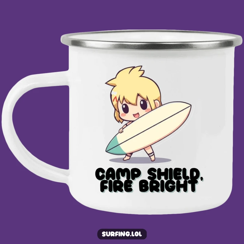 Funny Surf Shield Character Camping Mug: Action Ready Outdoors, Adventure Gift, Perfect Funny Gift