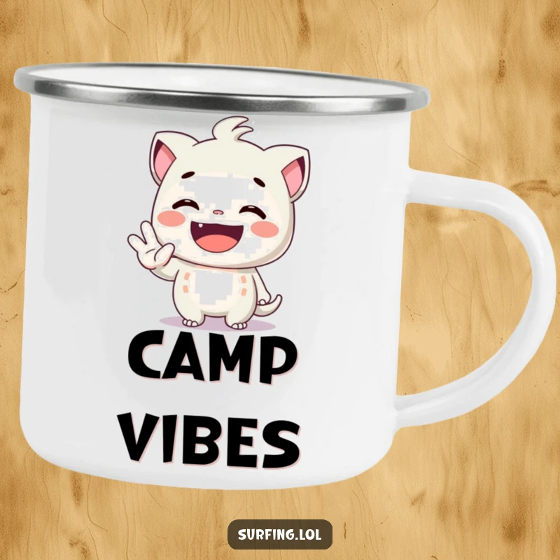 Funny camping mug: A character with a huge grin giving the shaka sign, ready for outdoor fun and spreading aloha.