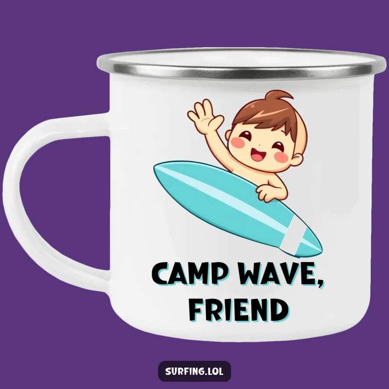 Funny Surfer Camping Mug: Waving Character Adventure Cup Gift