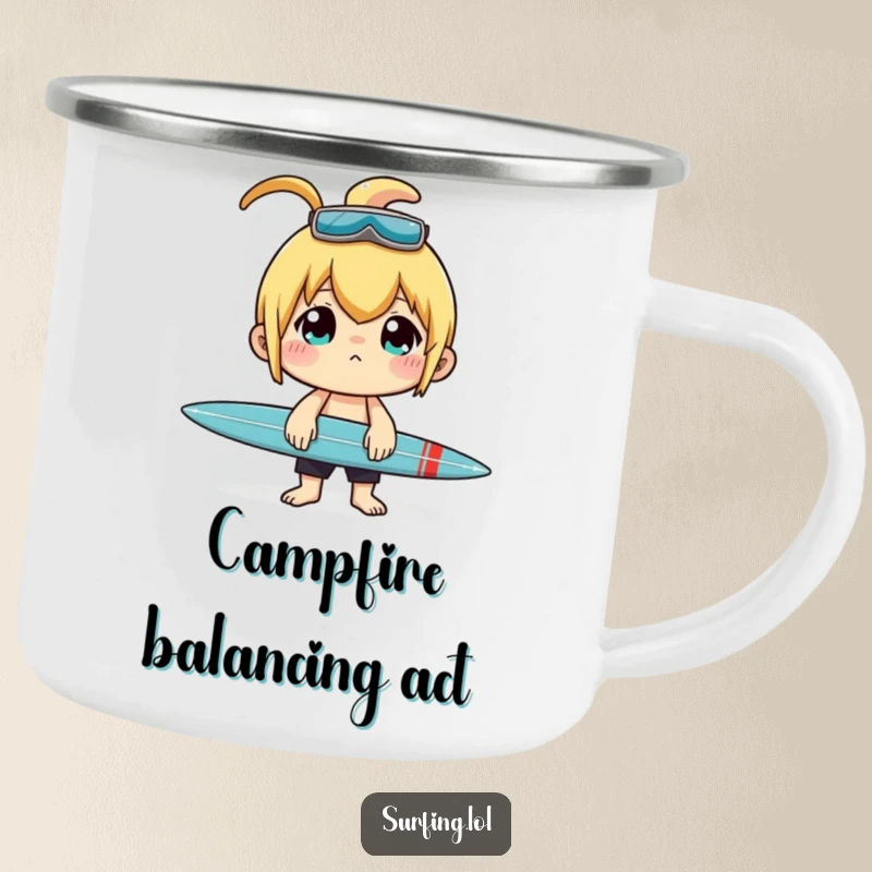 Funny camping mug of a character concentrating hard while balancing a surfboard on their nose.