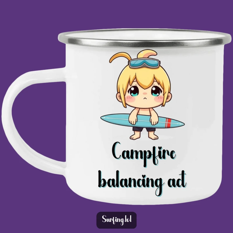 Funny Surfer Camping Mug: Concentrated Character Balancing Surfboard Gift
