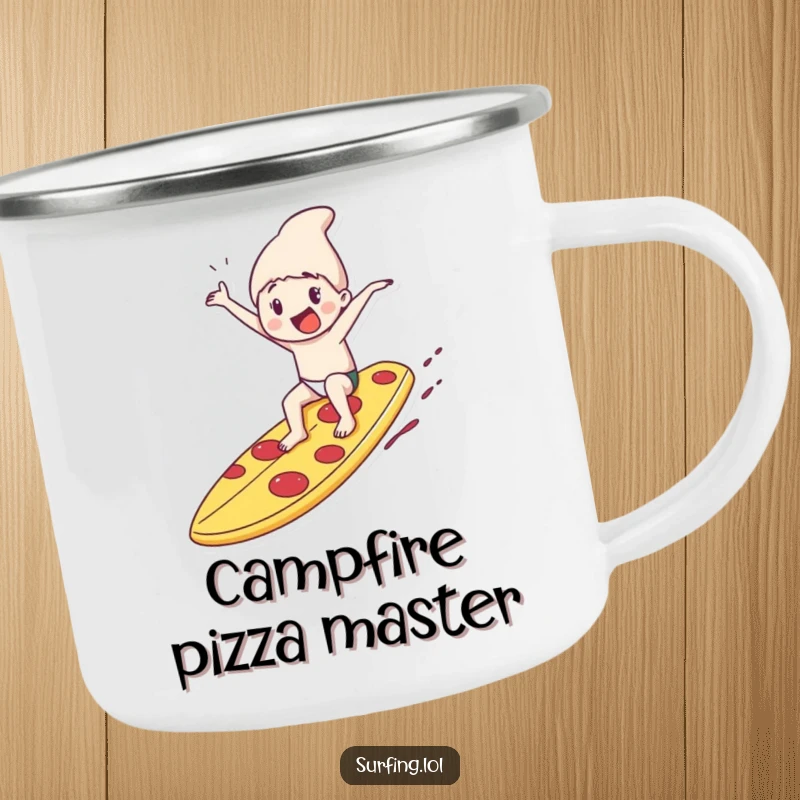 Funny camping mug with a character riding a giant pizza slice surfboard, ideal for outdoor adventures and adding humor to every sip.