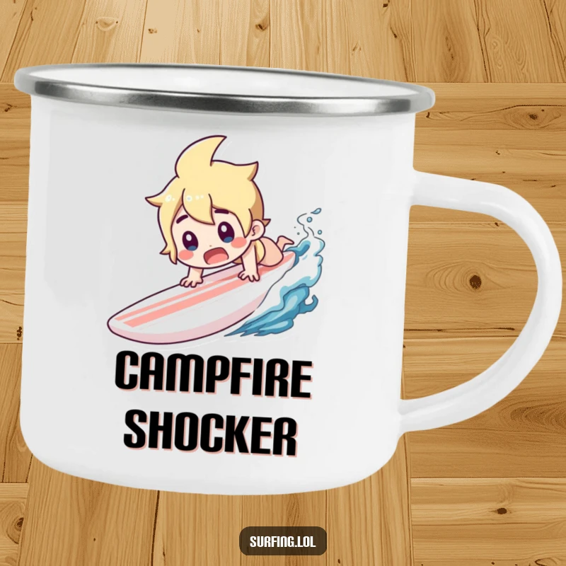 Funny camping mug of a character diving headfirst off a surfboard with a surprised gasp.