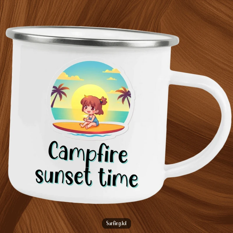 Funny camping mug showing a joyful character watching a beautiful sunset from a surfboard, perfect for outdoor drinks and serene beach humor.