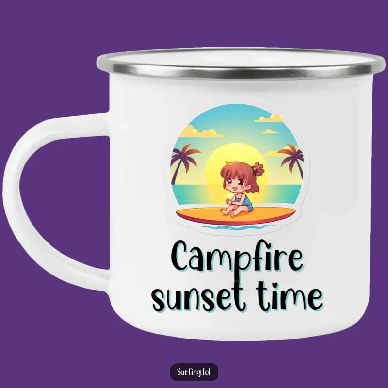 Funny Sunset Surfer Camping Mug: Joyful Character Adventure Cup