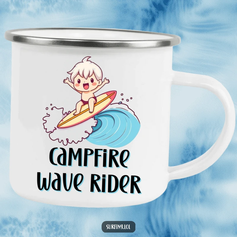 Funny camping mug showing a cute character enthusiastically riding a wave on a surfboard, embodying the spirit of the ocean.