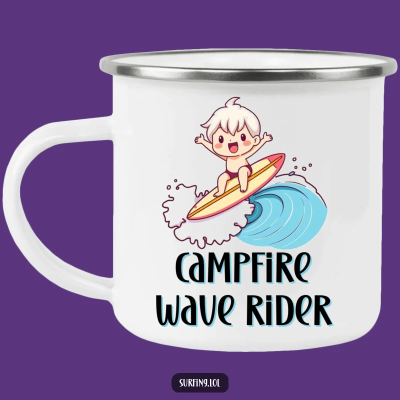 Durable Funny Surfer Camping Mug: Cute Character Wave Ride, Outdoor Funny Gift