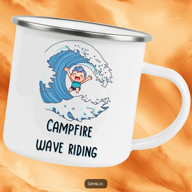 Funny Camping Mug with a cute character sporting a triumphant grin while riding a giant wave, perfect for outdoor drinks.