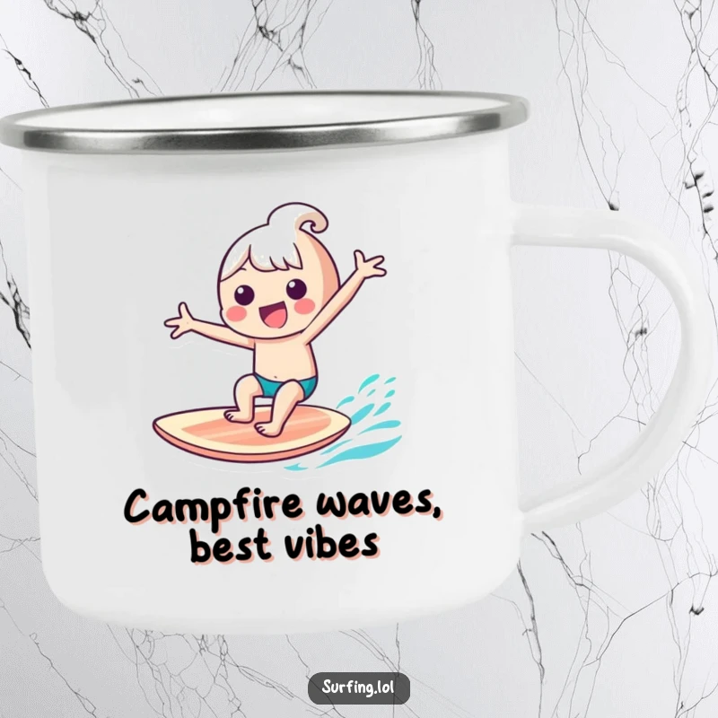 Funny kawaii character gleefully riding a surfboard with arms outstretched on a camping mug, perfect for outdoor trips, a funny gift.