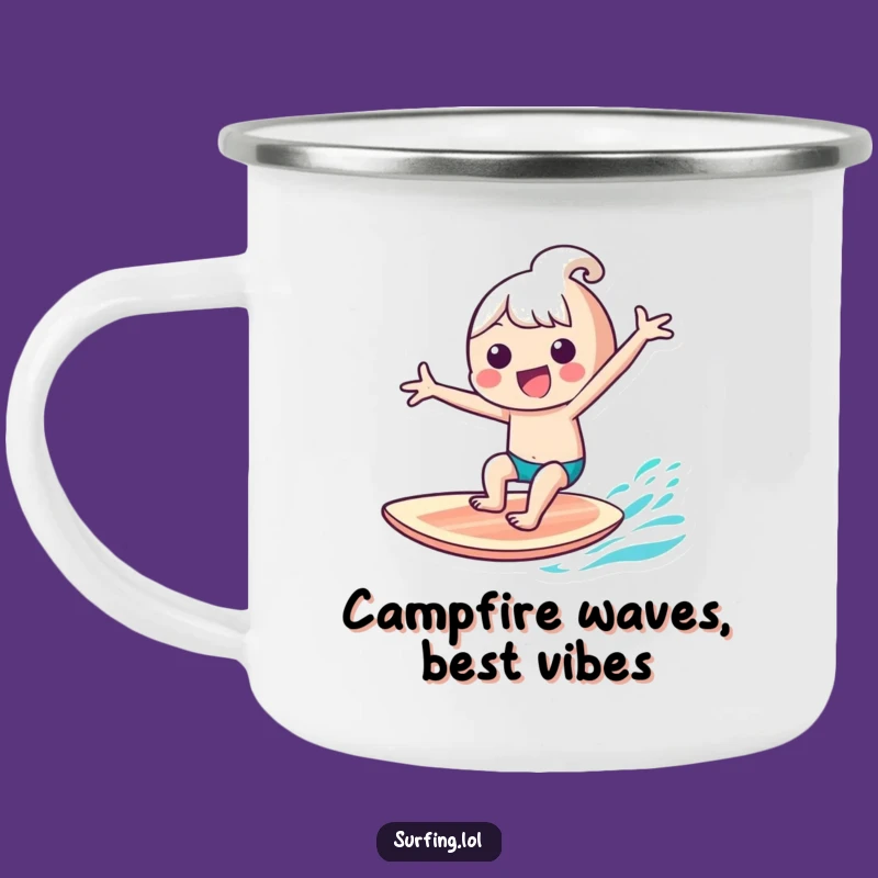 Funny Kawaii Surfer Camping Mug: Gleeful Character Outdoor Fun, Adventure Gift, Perfect Funny Gift
