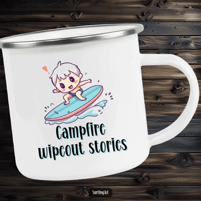 Funny camping mug showing a small character comically tripping while trying to surf, a humorous outdoor adventure scene.