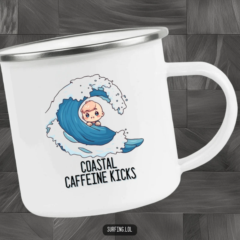 Funny enamel camping mug featuring a tiny character with curious excitement emerging from a large ocean wave, built for adventure.