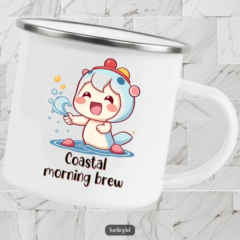 Funny camping mug showing a kawaii character with a wide smile, delightedly catching colorful sea spray, radiating pure joy.