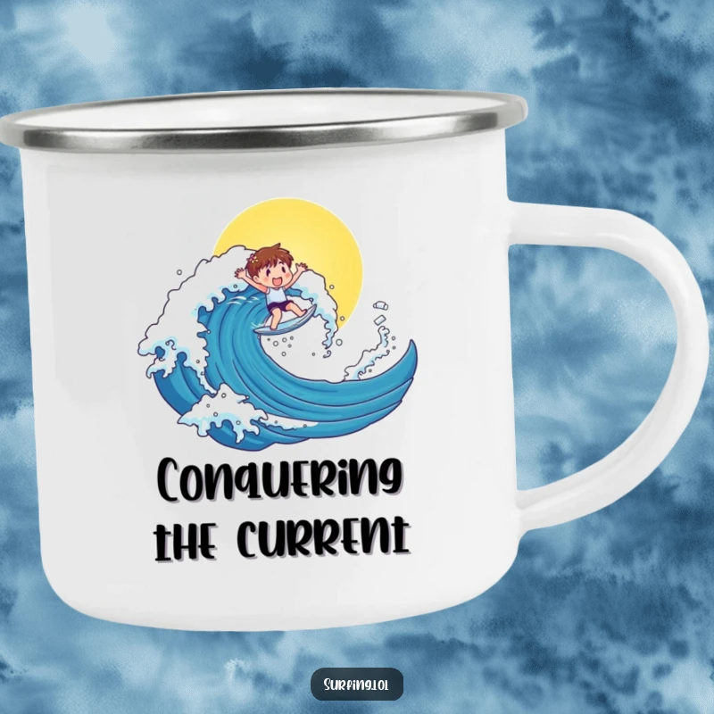 Funny camping mug of a cute character surfing a big, sunny wave, perfect for enjoying the outdoors with funny vibes.