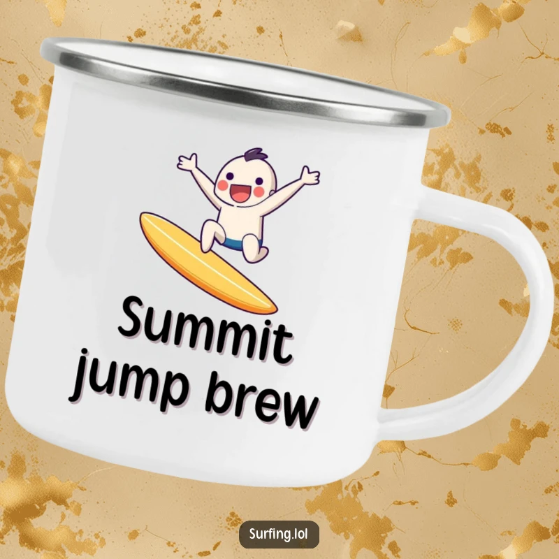 Funny camping mug showing a tiny character joyfully leaping off a surfboard mid-air, capturing a moment of pure surfing exhilaration.