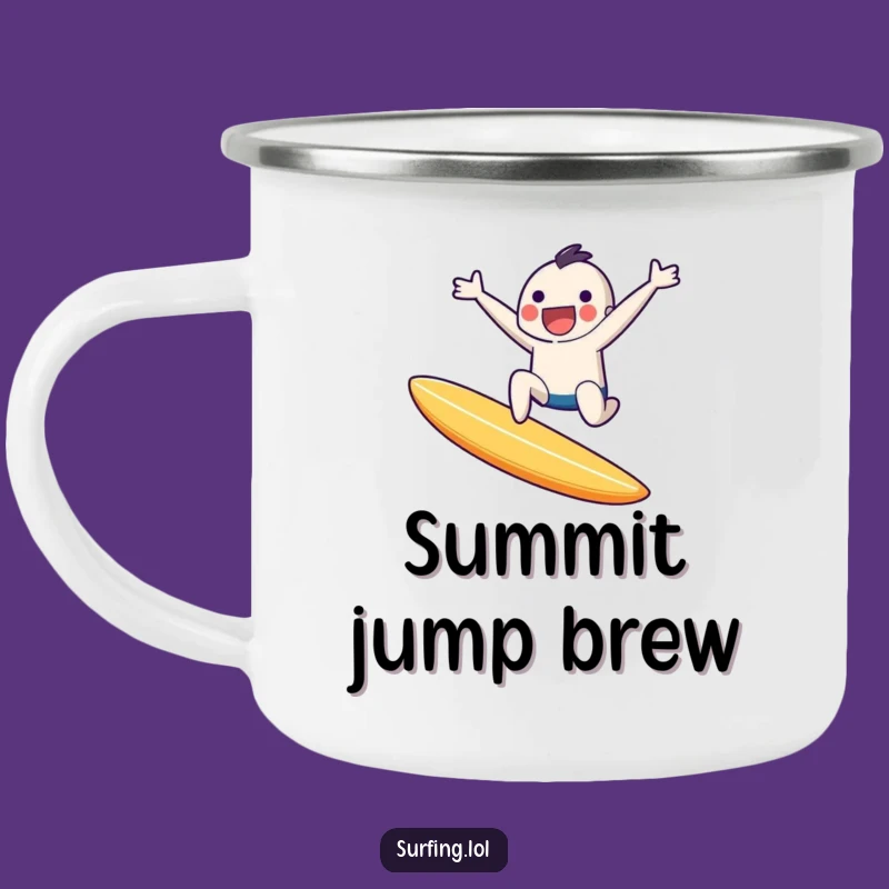 Durable Funny Tiny Surfer Camping Mug: Joyful Leap, Outdoor Funny Gift