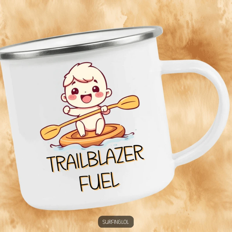 Funny camping mug depicting an adorable character paddling with big, joyful strokes, perfect for outdoor enthusiasts who love fun and adventure.