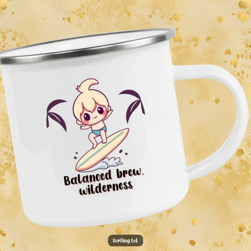 Funny camping mug showing a character struggling to balance on a surfboard with another surfboard, perfect for enjoying drinks by the fire.