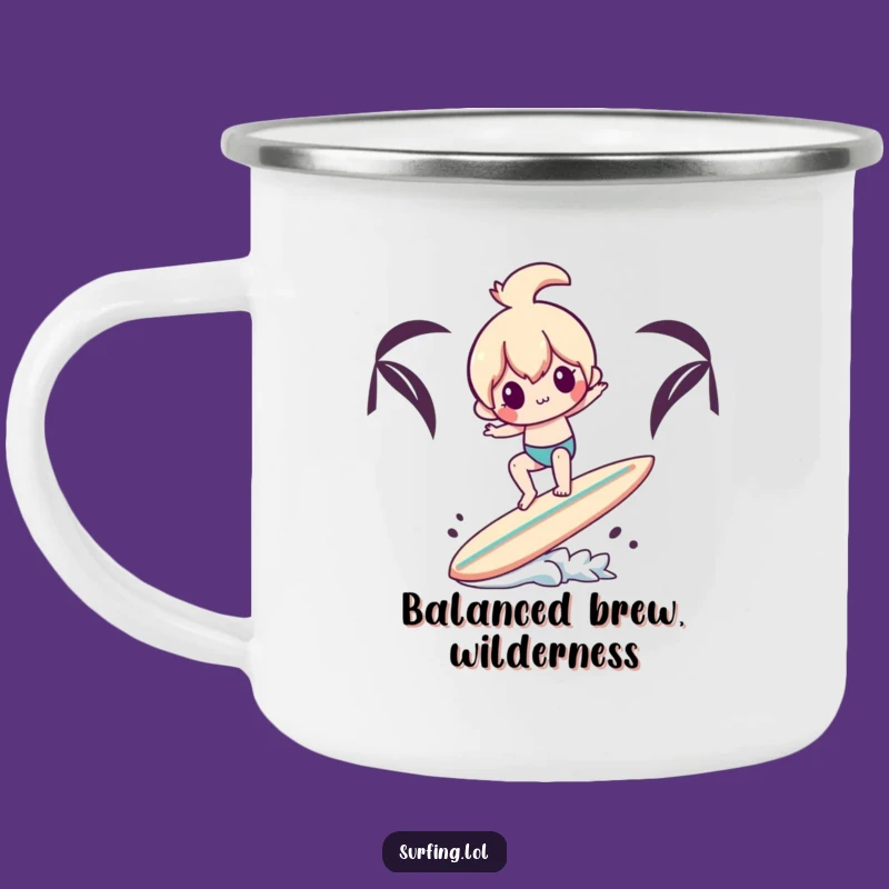 Funny Balancing Surfer Camping Mug - Campfire Comedy, Rugged Funny Gift