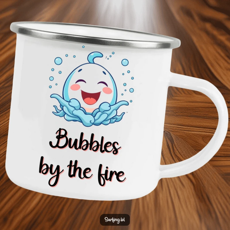 Funny camping mug with a bubbly icon laughing amidst playful sea spray, perfect for enjoying the outdoors with funny vibes.