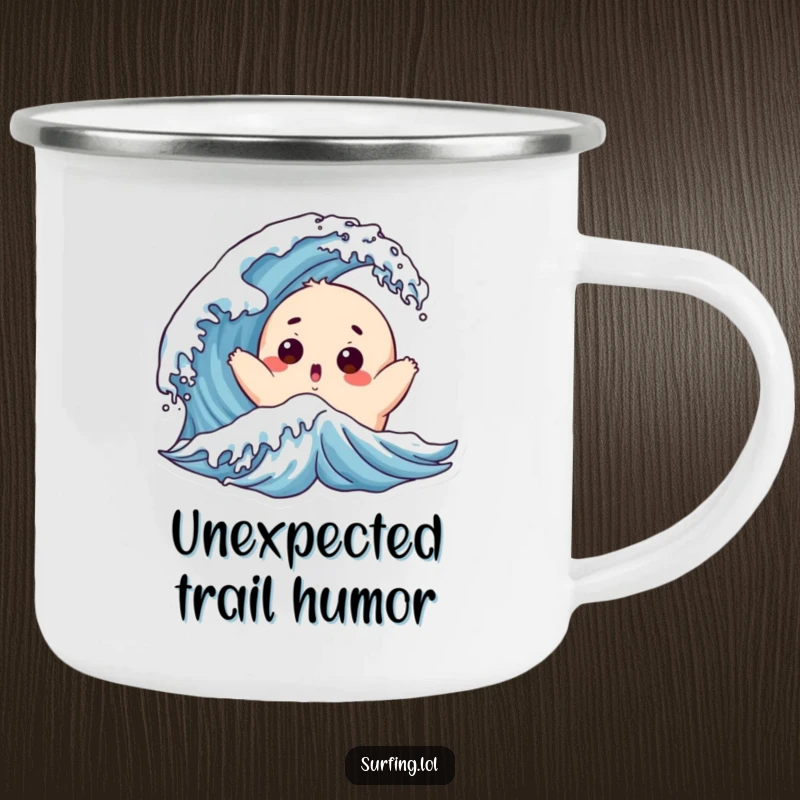 Funny Chubby Surfer Camping Mug: A chubby character with a surprised face is tossed by a wave, ready for adventure.