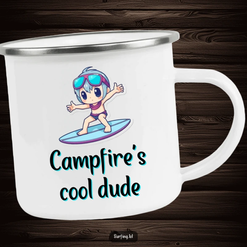 Funny Camping Mug: A character strikes a cool pose on a surfboard, designed for stylish outdoor enjoyment.