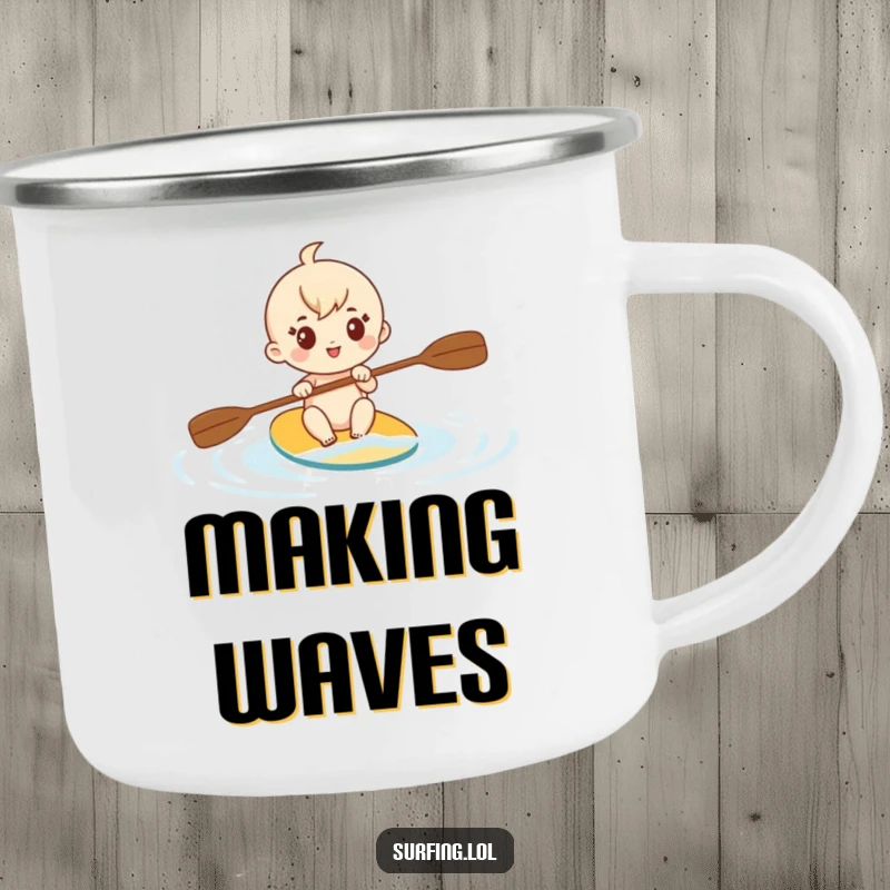 Funny camping mug print of a cute character determinedly paddling through calm water, durable for outdoor journeys.