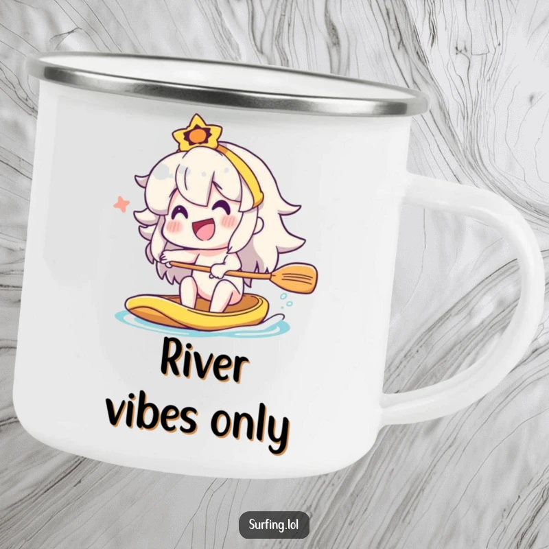 Funny character paddling a kayak with a big smile, durable camping mug for a funny gift.