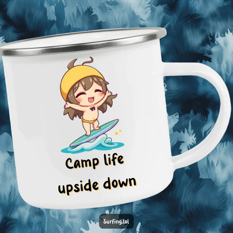 Funny Handstand Character Camping Mug: Character winking and doing a handstand on a surfboard with playful balance, ideal funny gift.