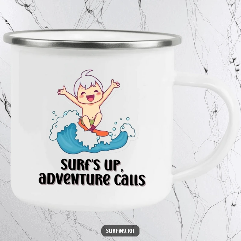 Funny Camping Mug: A character gleefully rides a surfboard on a wave, perfect for outdoor adventures and smiles.