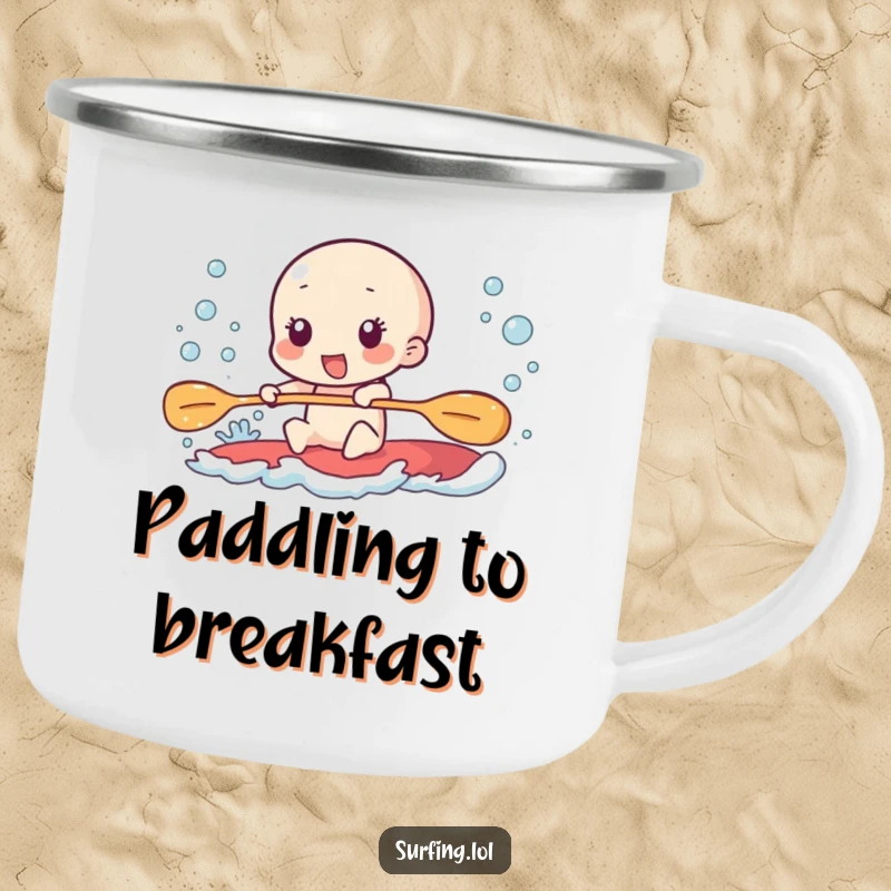 Funny camping mug of a character paddling furiously, leaving a trail of excited bubbles.