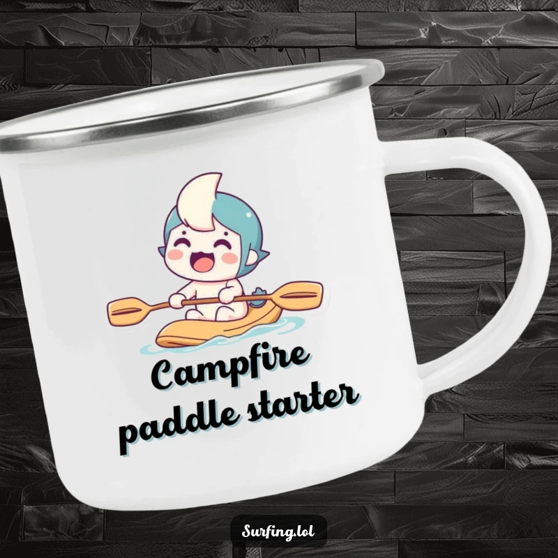 Funny camping mug featuring a character paddling with a determined grin, built for outdoor adventures and humor.