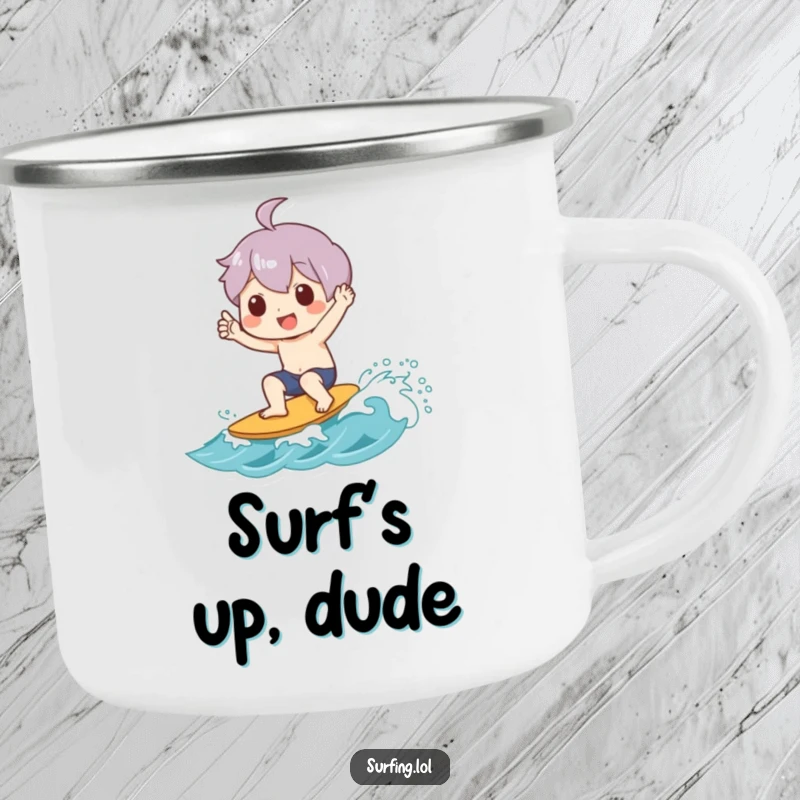 Funny camping mug print of a character joyfully giving a shaka sign while riding a small wave, durable for outdoor fun.