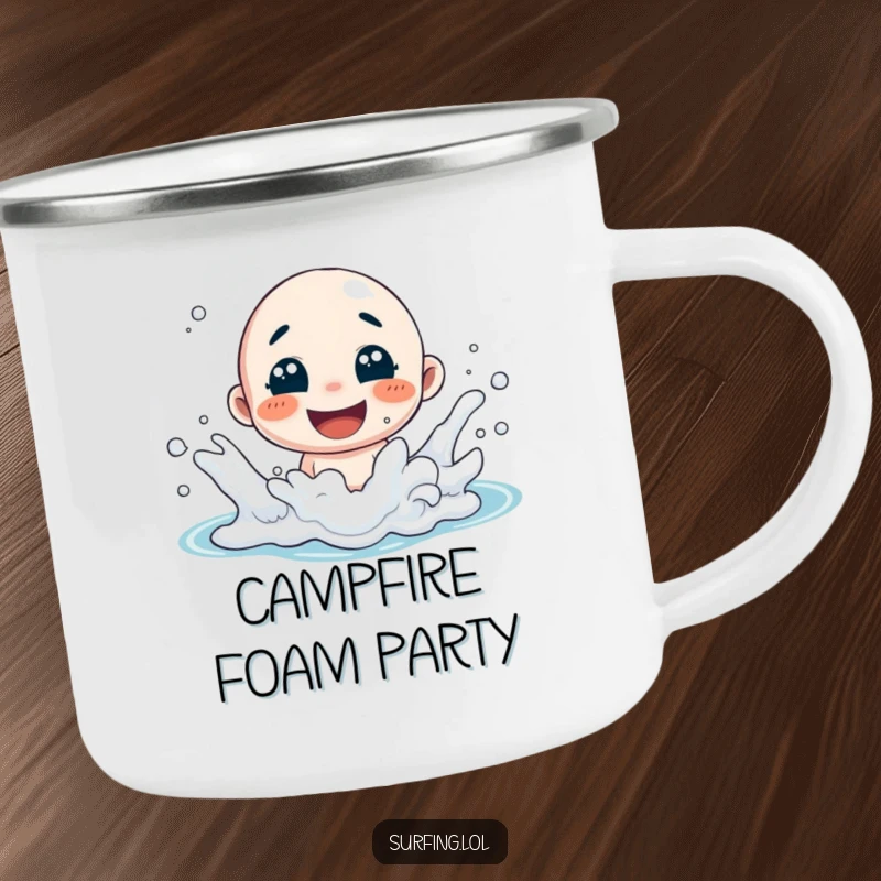 Funny camping mug showing a character happily splashing in ocean foam, perfect for outdoor fun and bringing beachy cheer.