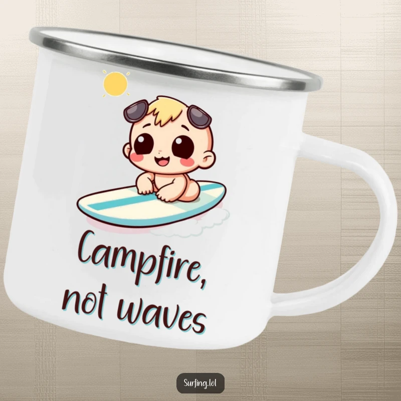 Funny camping mug with a character sunbathing on a surfboard, perfect for enjoying drinks outdoors with a relaxed vibe.