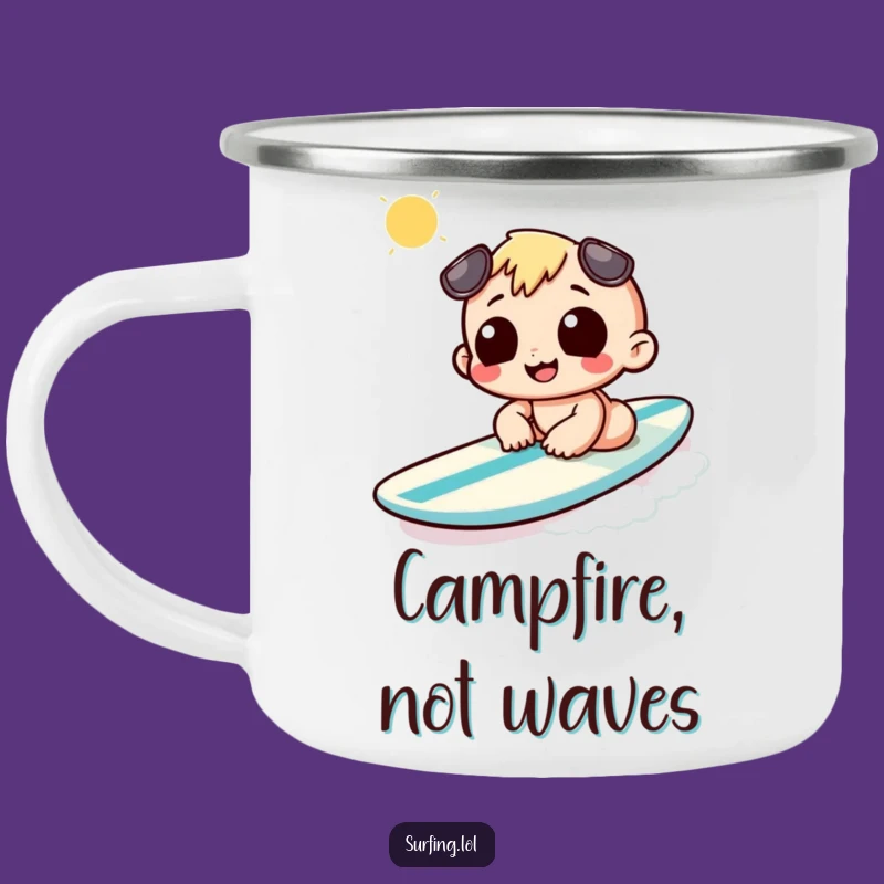 Funny Sunbathing Surfboard Camping Mug: Adventure Fuel for Sunny Days