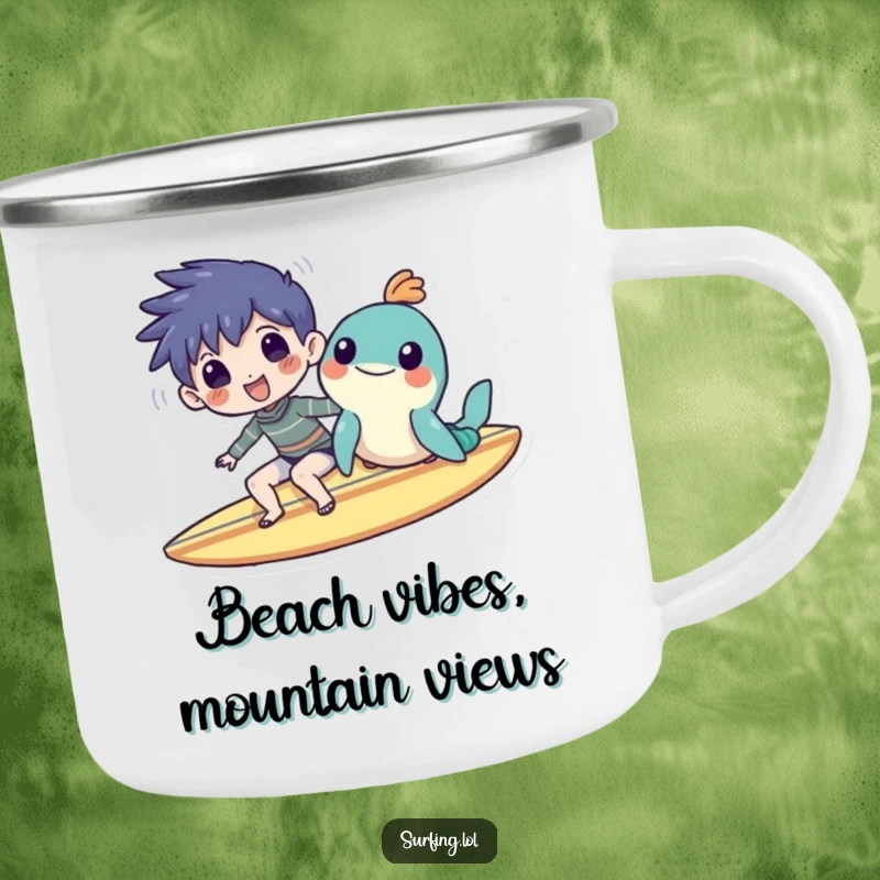 Funny camping mug showing a character and sea creature sharing a surfboard, ideal for outdoor adventures and humorous sips.