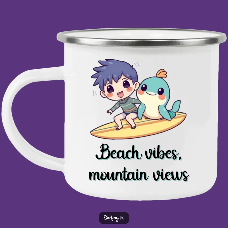 Funny Surf Buddies Camping Mug: Character & Sea Creature, Outdoor Humor Gift
