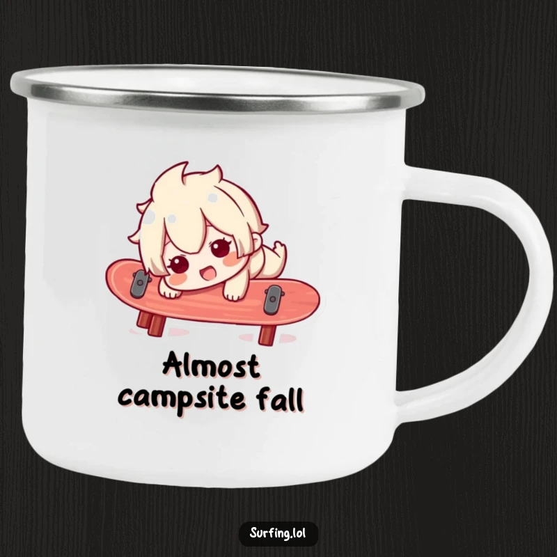 Funny camping mug showing a character humorously losing balance on a surfboard, perfect for outdoor drinks and adding beachy humor.