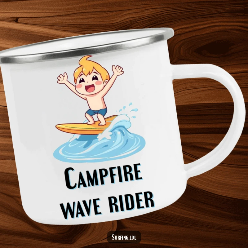 Funny camping mug featuring a joyful surfer shouting as they emerge from the water on a surfboard, ready for adventure.