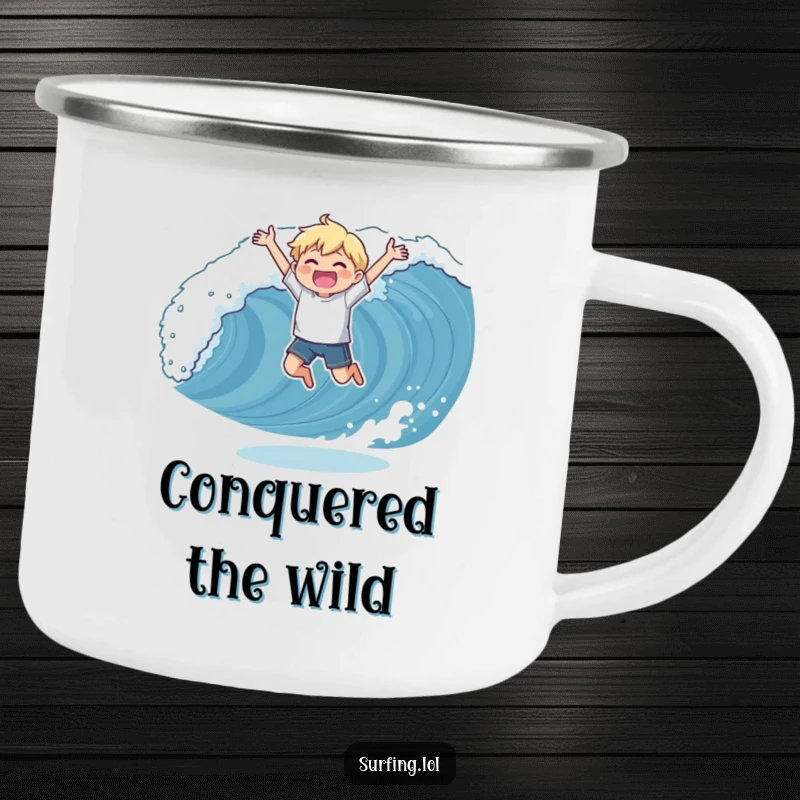 Funny camping mug depicting a character triumphantly catching a wave, perfect for adventurers celebrating success in the great outdoors.