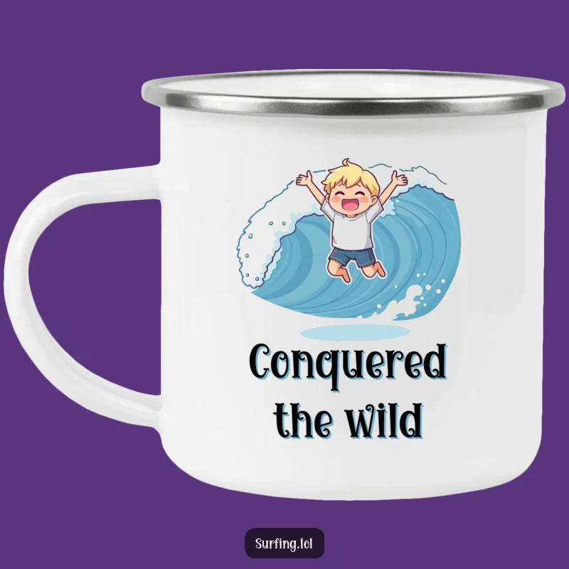 Funny Wave Catching Camping Mug: Adventure Fuel for the Triumphant