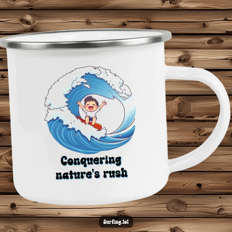 Funny Wave Rider Camping Mug: A gleeful character rides a massive wave with arms outstretched, perfect for outdoor fun.