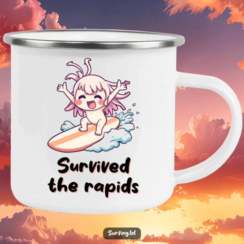 Funny Wipeout Kawaii Camping Mug: Kawaii character comically wiped out on a surfboard, arms flailing joyfully, ideal funny gift.