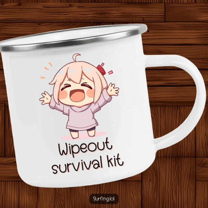 Funny character laughing while wiping out with flailing arms, durable camping mug for a funny gift.