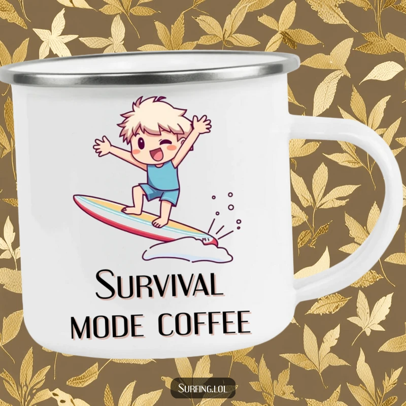 Funny Camping Mug: Character precariously wobbling on a surfboard, arms flailing wildly, perfect for campfire tales and outdoor humor.