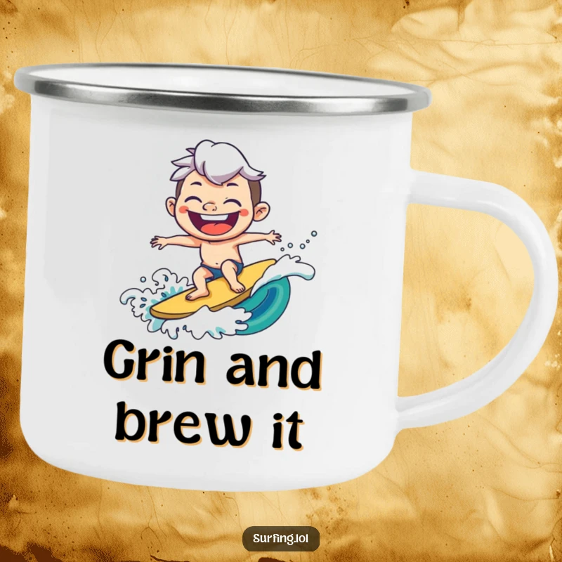 Funny camping mug showing a joyful character surfing a wave with an exaggerated goofy grin, perfect for enjoying drinks outdoors.