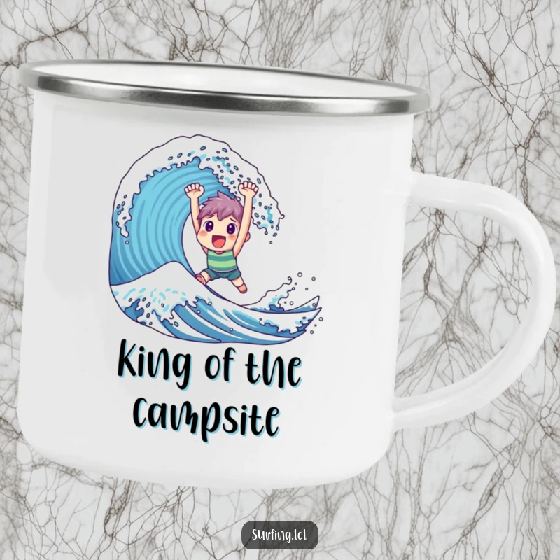Funny Camping Mug: A triumphant character rides a huge wave with pure joy, embodying outdoor success.