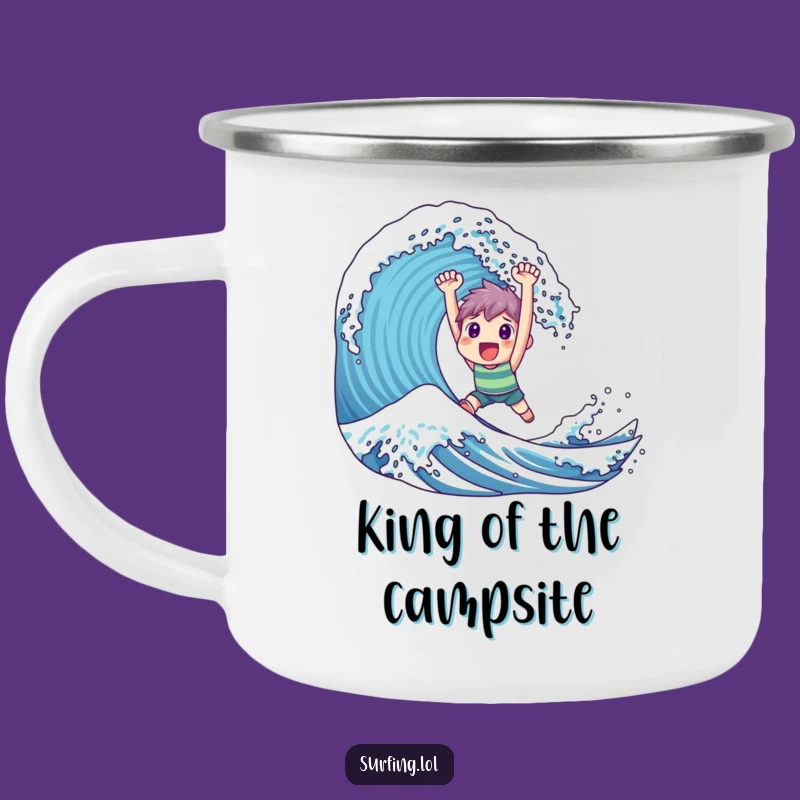 Funny Triumphant Surfer Camping Mug - Happy Character Outdoor Victory, Humorous Gift