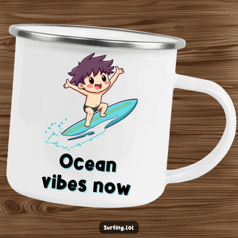 Funny camping mug of a surfer riding a surfboard with arms outstretched in exultation, for beach adventures.